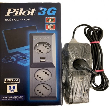Сетевой фильтр 3G 3 розетки или 6 узких розетки 3м 10А 2.2кВт и 2 USB по 2A Pilot