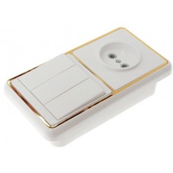 Блок БКВР 039 золотая рамка 3 клавишный выключатель + розетка без заземления  3/18шт. 